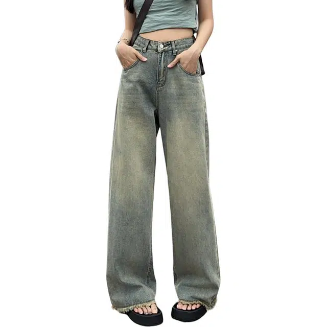 如续 美式复古宽松阔腿裤水洗拖地长裤显瘦直筒裤子牛仔裤 女款