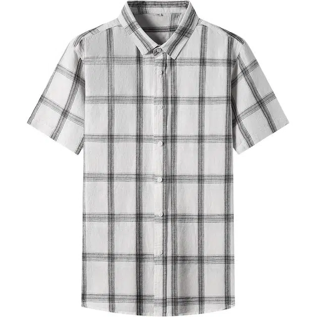 太子龍 夏季亚麻格子短袖男中国风薄款衬衣国潮复古格纹棉麻半袖上衣衬衫 男款