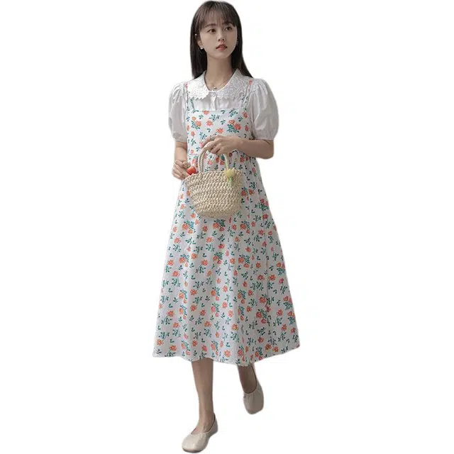 哒头下雨不愁 时尚简约短袖衬衫百搭吊带连衣裙裙装套装 女款