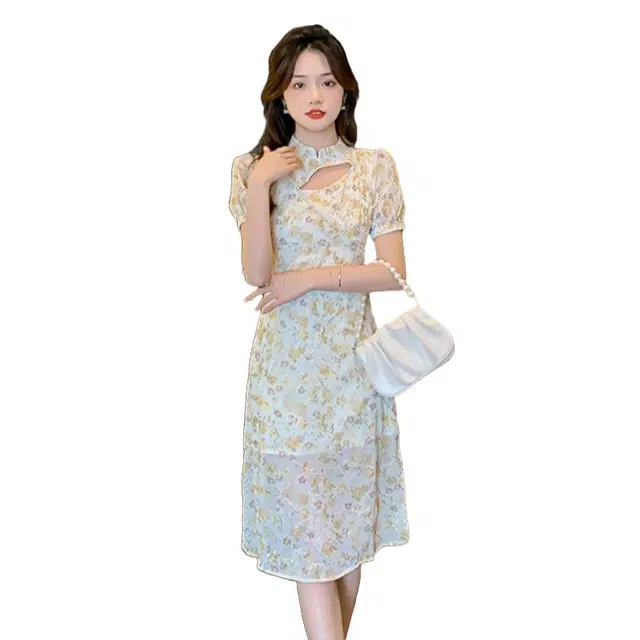 果瑱 新中式甜美穿搭极简主义小清新旗袍学院风元气穿搭文艺改良日常可穿年轻款少女小众收腰显瘦碎花短袖连衣裙 女款
