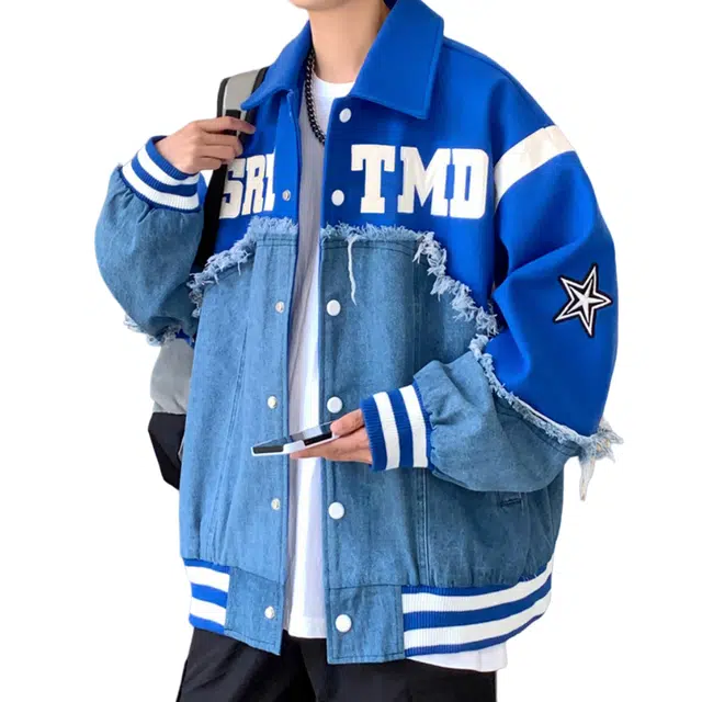 美式复古拼接字母刺绣宽松百搭牛仔外套棒球服 男女同款