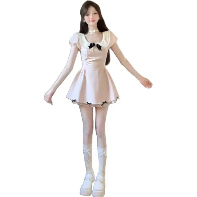 沐晓欣 短裙收腰设计感纯欲甜美蝴蝶结气质短袖连衣裙 女款