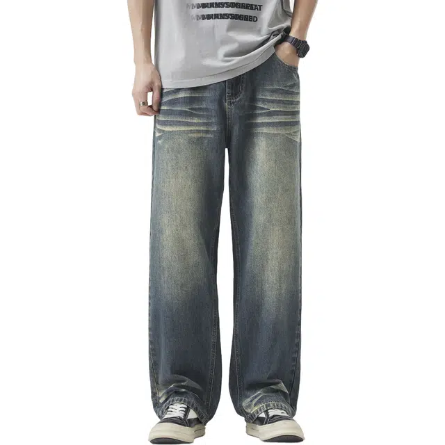 帝狼牛 美式松弛感复古水洗做旧宽松垂感设计牛仔裤 男女同款