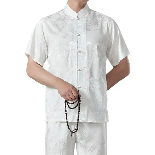 大白鲨 中老年男士短袖衬衫宽松长裤中式唐装两件套复古休闲运动套装 男款
