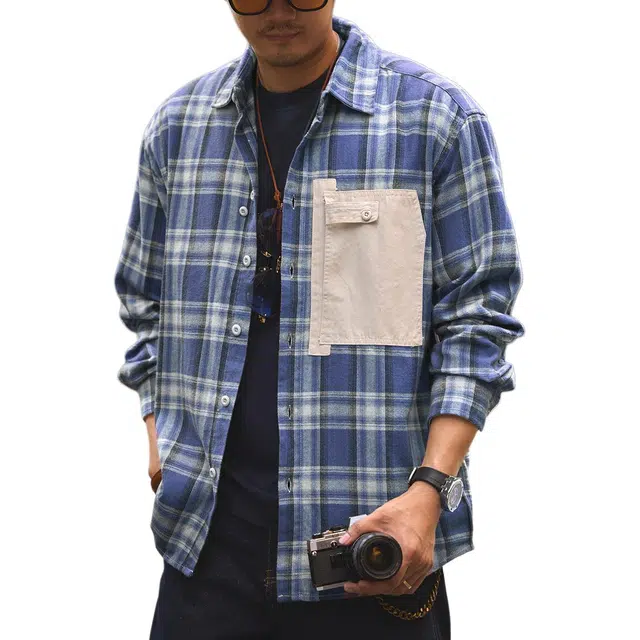 格蓝鹿 潮牌纯棉极简高街美式设计感复古格子长袖衬衫 男女同款