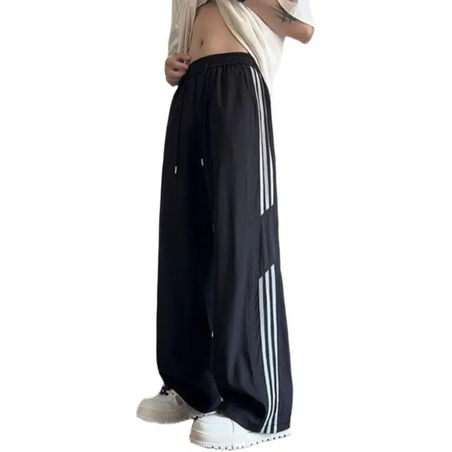 一碗士多 条纹速干冰丝裤子男士夏季薄款宽松阔腿男生运动裤青少年长裤休闲裤 男款