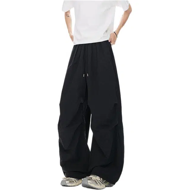 颂希尔 美式复古港风褶皱伞兵工装裤潮牌宽松设计感阔腿弯刀裤速干休闲裤 男女同款