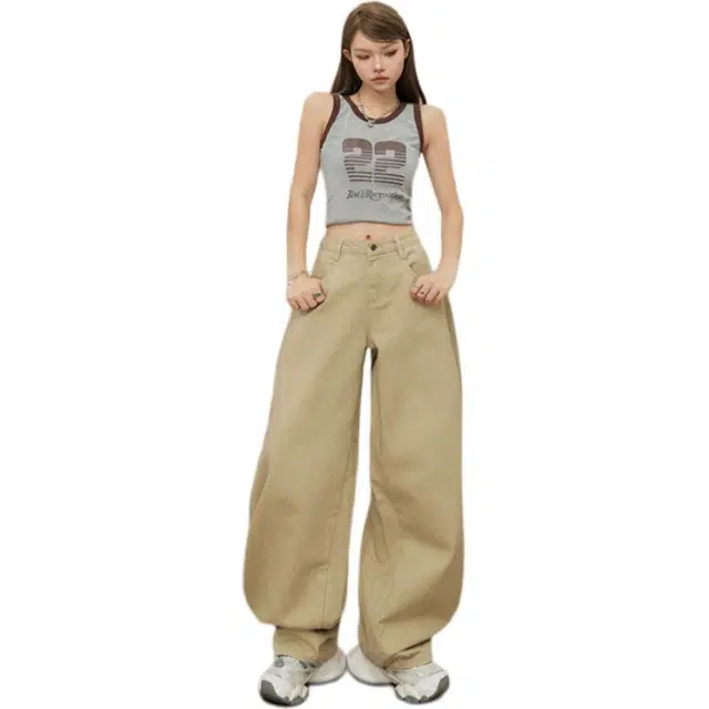 淑好百 美式复古宽松弯刀裤卡其阔腿裤镰刀裤春夏百搭牛仔裤女卡其色简约高腰垂感直筒舒适休闲裤 女款