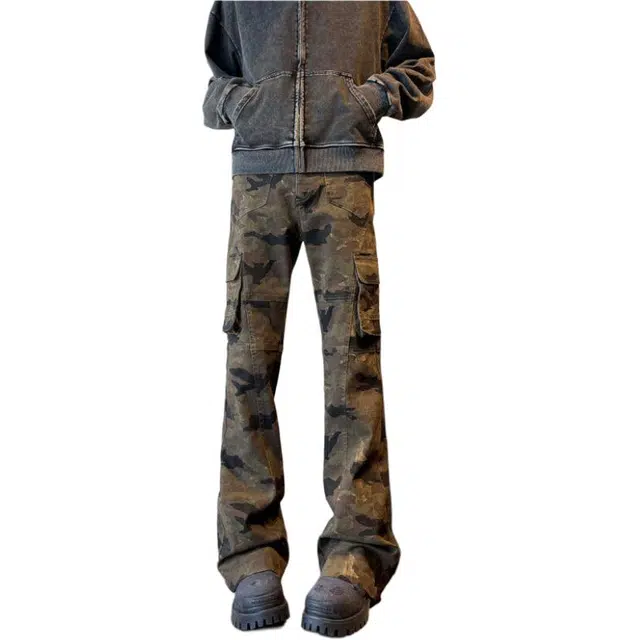 颂希尔 美式复古迷彩多口袋弯刀春秋修身直筒微喇裤子工装裤牛仔裤 男女同款