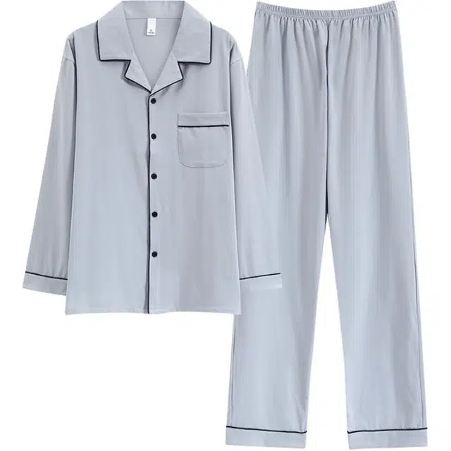 莫代尔 春秋冬季韩版透气舒适开衫长袖长裤睡衣套装 男款