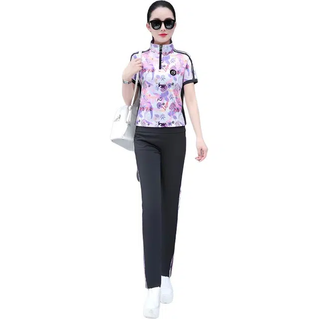 左岸 夏季简约时尚日常潮流印花立领户外通勤运动修身显瘦显高舒适轻便冰爽透气网眼短袖上衣长裤两件套休闲套装 女款