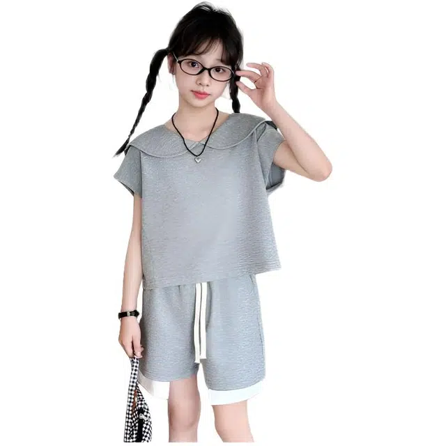 木木兔休闲运动套装 时髦洋气时尚女孩宽松舒适拼接裤腿海军领两件套