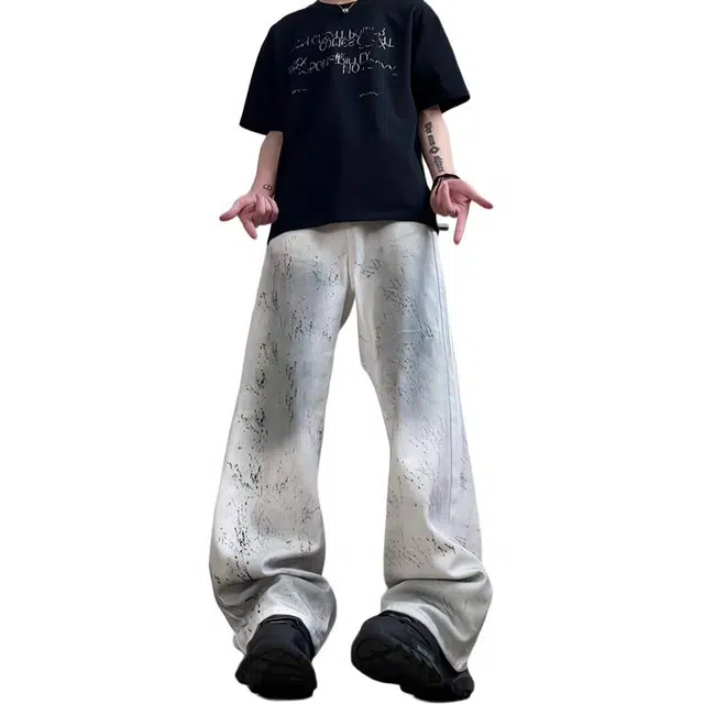 物质公式 潮牌美式高街复古脏脏裤泼墨国风水墨画趣味油漆喷溅设计感做旧水洗废土风纯色基础款阔腿垂感宽松百搭休闲弯刀牛仔裤 男女同款