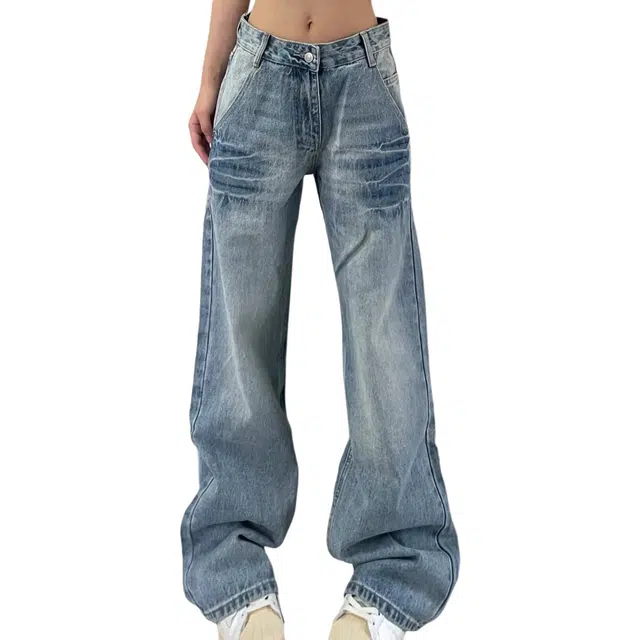 冈哉 水洗做旧设计小众微喇美式慵懒牛仔裤 男款