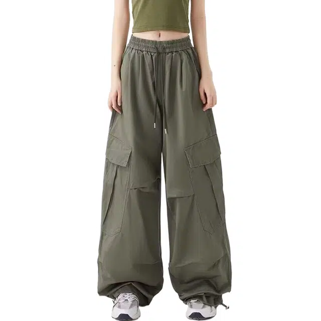 玉儿恋 美式复古高街舒适时尚简约拼接纯色水洗做旧口袋宽松百搭透气柔软亲肤褶皱垂感拖地阔腿休闲裤 女款
