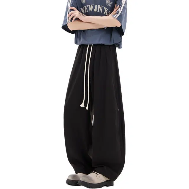 物质公式 美式街头嘻哈复古纯色铆钉设计基础款宽松透气抽缉系带直筒垂感显高无性别主义休闲裤 男女同款