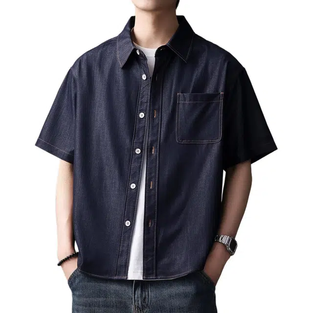贵色 高端美式复古时尚潮流牛仔纯色简约口袋拼接新中式设计感休闲翻领单排扣短袖衬衫 男女同款
