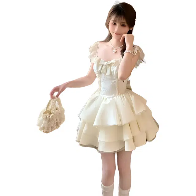 黛尔佳人 蝴蝶结小飞袖公主蓬蓬裙夏季甜美初恋收腰显瘦短裙无袖连衣裙 女款