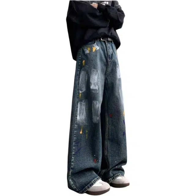 沐诚阳译 潮牌设计感漆点秋季宽松直筒裤子情侣款休闲长裤牛仔裤 男女同款