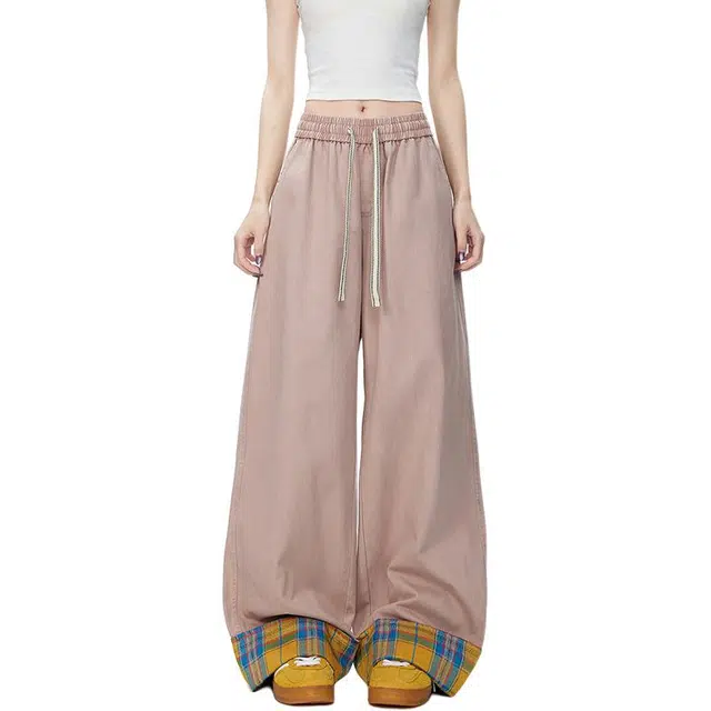 水中花 极简风创意设计感刺绣卷边格子直筒裤夏季薄款高腰显瘦凉感舒适透气宽松阔腿裤拖地休闲裤 女款