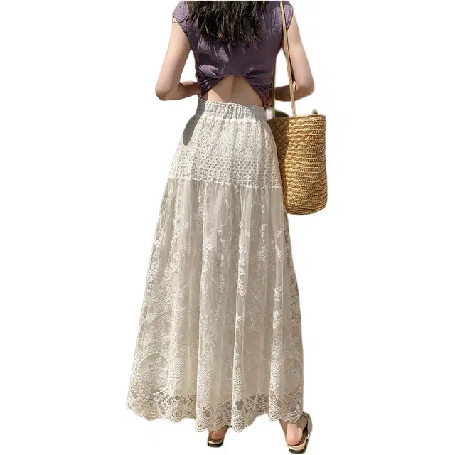 黛尔佳人 新中式国风蕾丝半裙女装高腰气质纯色半身裙 休闲长裙 女款