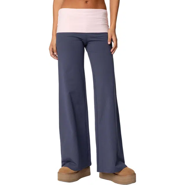 edikted Wide Leg Contrast Fold Over Pants