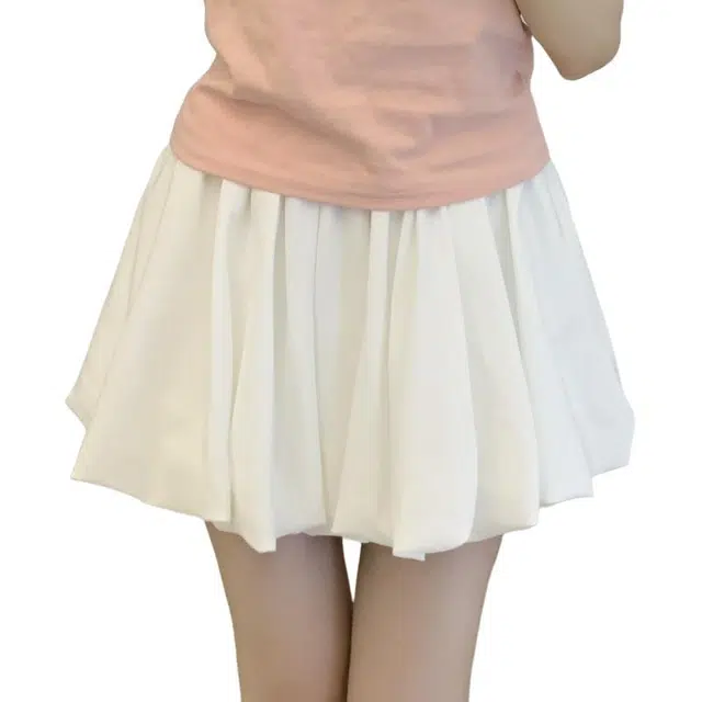 水中花 纯色格子宽松薄款高腰蓬蓬裙休闲短裙 女款