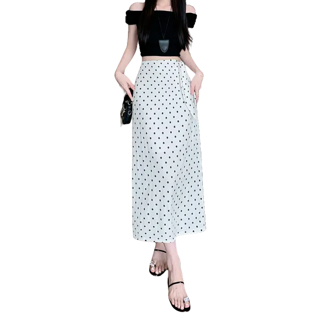 北极绒 后开叉波点半身裙法式蝴蝶结系带直筒包臀休闲长裙 女款