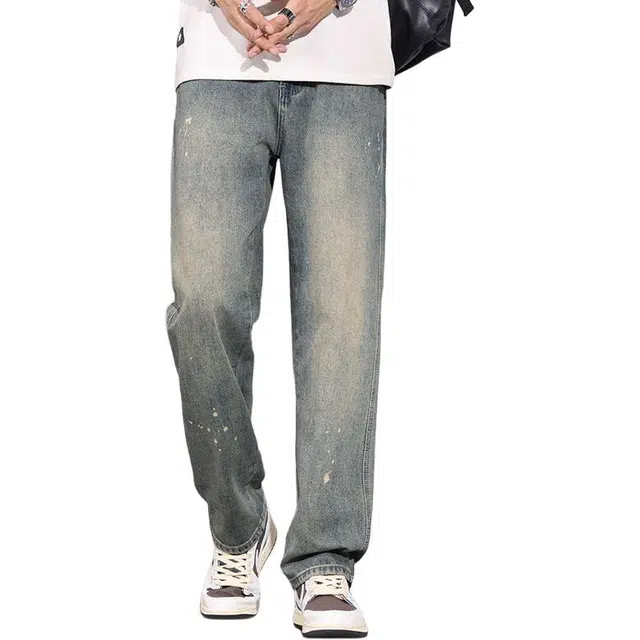 宝米卡 美式怀旧复古泼墨做旧潮牌直筒长裤牛仔裤 男女同款