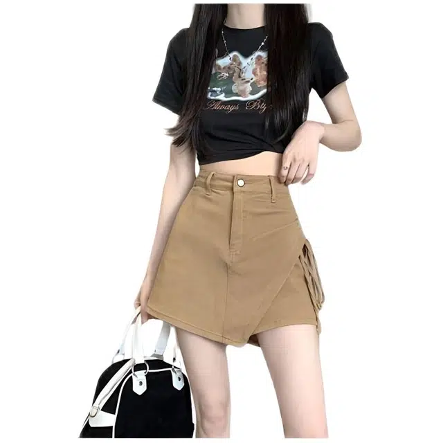 天才小熊  休闲短裙牛仔裙女假两件夏季高腰显瘦辣妹薄款不规则半身裙裤 女款