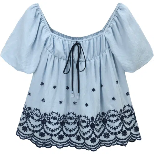 谜秀 蕾丝钩花短袖碎花常规圆领法式衬衫 女款