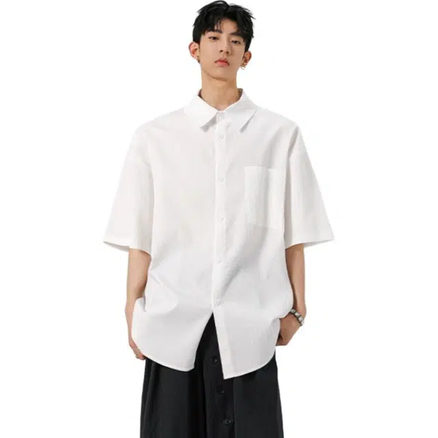 颂希尔 翻领美式复古潮牌宽松休闲设计短袖衬衫 男女同款