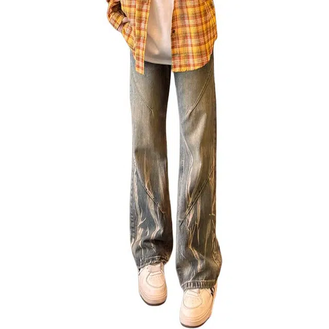 单爵 美式扎染微喇薄款阔腿直筒垂感高街牛仔裤 男女同款