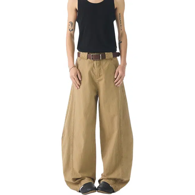 极限涡轮 美式复古弯刀工装宽松水洗拼接阔腿休闲牛仔裤 男女同款