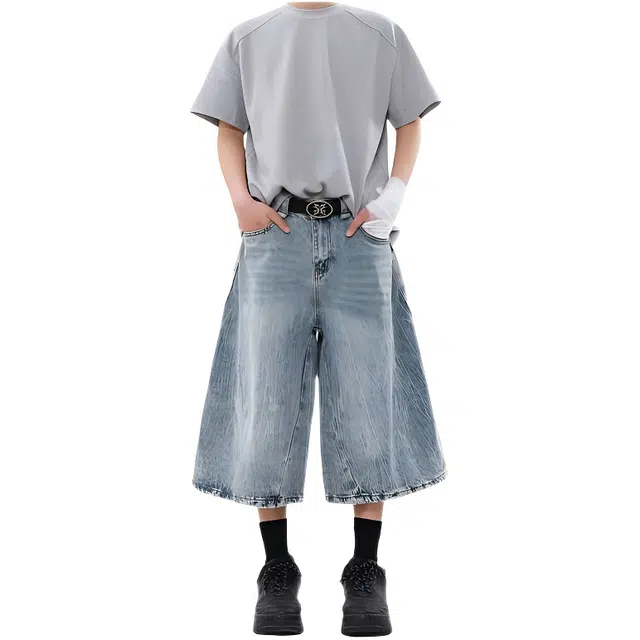 木木兔 美式复古水洗磨破潮流休闲宽松百搭七分牛仔短裤 男款