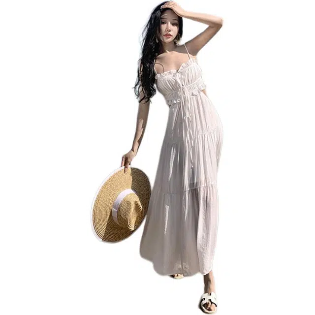 黛尔佳人 夏季仙女度假风长裙挖空大裙摆露腰法式吊带露背无袖连衣裙  女款