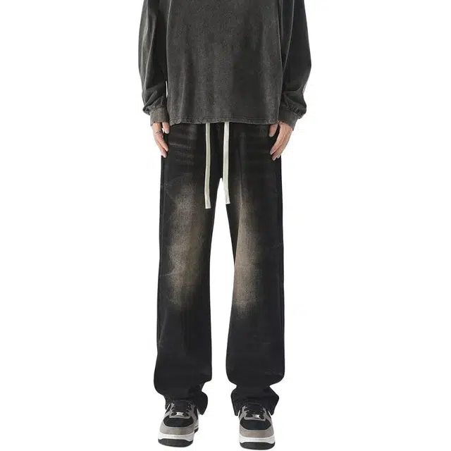 宝米卡 水洗磨白美式痞帅宽松直筒高街牛仔裤 男女同款