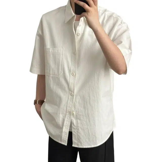 颂希尔 纯色简约帅气少年感宽松休闲百搭短袖衬衫 男女同款