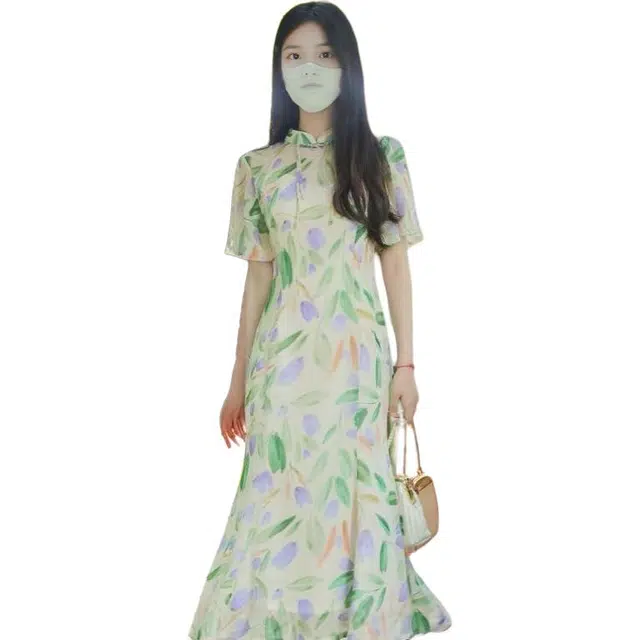 水中花 夏季复古民国风淡雅印花日常可穿改良旗袍短袖连衣裙 女款