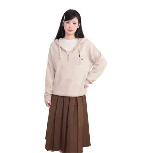 柏黛妃 连帽宽松软糯慵懒风套头正肩长袖卫衣 女款 杏色