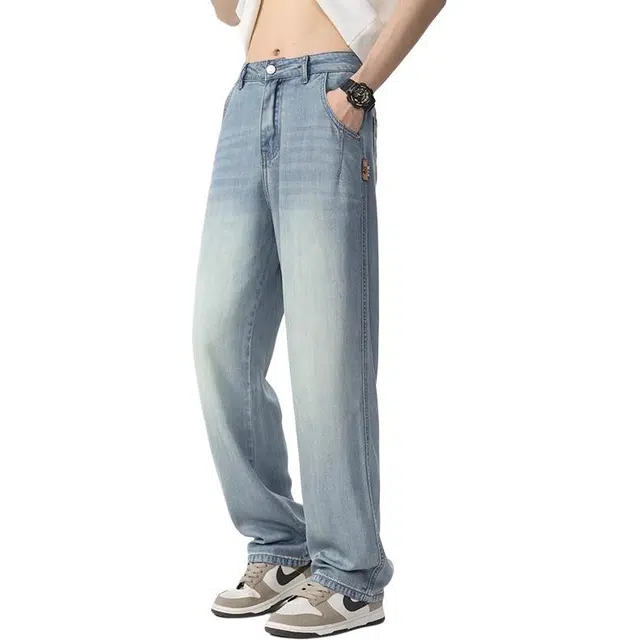 隐狼世家 潮牌美式垂感水洗休闲薄款直筒弹力是中腰牛仔裤 男款 复古色