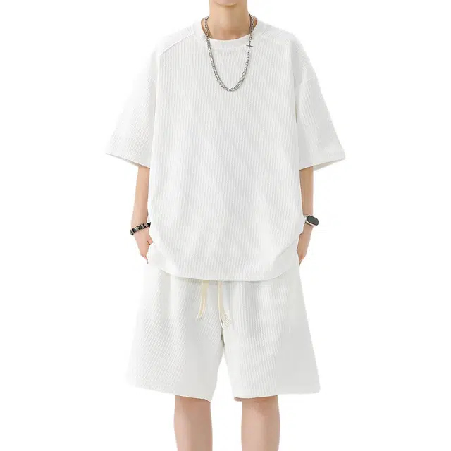 顶峰保罗 冰丝凉感圆领短袖短裤无性别主义松紧腰设计肌理体恤高级感纯色百搭透气宽松潮牌大码休闲运动套装 男女同款