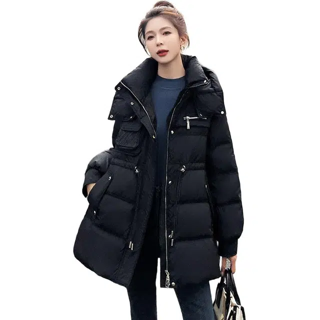 鸭鸭 韩版时尚印花收腰纯色简约立领连帽通勤甜美校园风羽绒服 女款