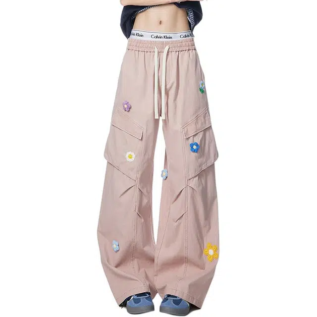 童先森 复古花朵刺绣多口袋纯色工装裤中腰长裤休闲裤 男款