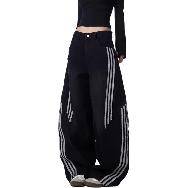 一碗士多 美式复古高街风设计感条纹阔腿长裤潮牌款式牛仔裤 男女同款