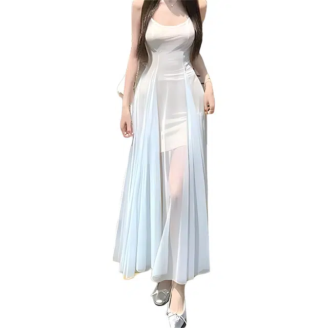 黛尔佳人 白水人鱼公主薄荷绿网纱氛围感显瘦裙子吊带连衣裙 女款