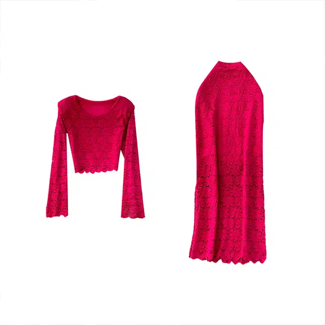 敲模女孩 法式慵懒风时尚高级感蕾丝上衣高腰包臀半身裙裙装套装 女款