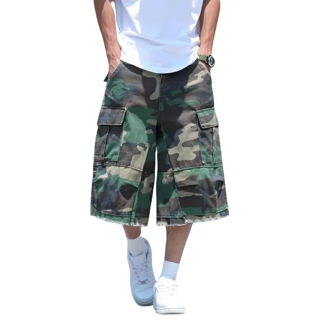加荣 潮牌迷彩牛仔薄款透气日系休闲大口袋毛边潮流痞帅百搭阔腿七分工装短裤 男女同款