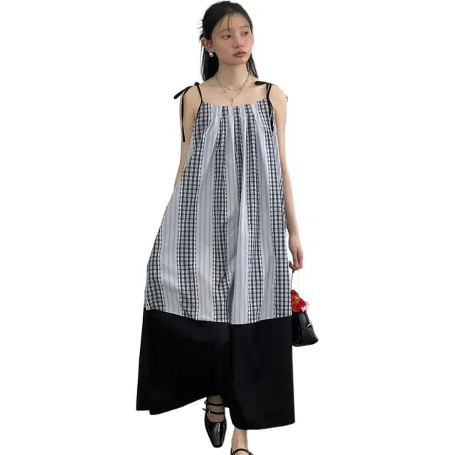 哒头下雨不愁 小清新假两件拼接格子裙宽松小个子吊带连衣裙 女款