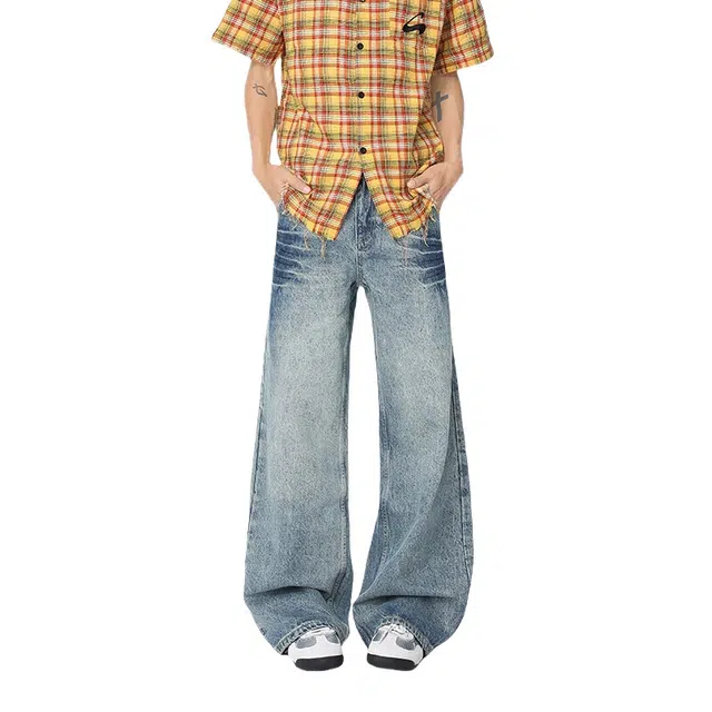 加荣 美式复古中腰薄款透气宽松潮流百搭大码暗黑重工艺宽松直筒不贴腿微喇叭阔腿拖地裤牛仔裤 男女同款